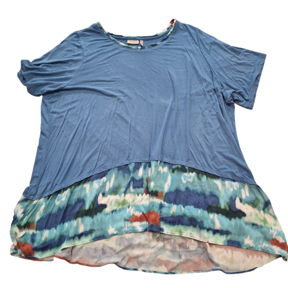LOGO by Lori Goldstein Blue Tunic with Tie Dye Hem Ruffle, Sz 3XP